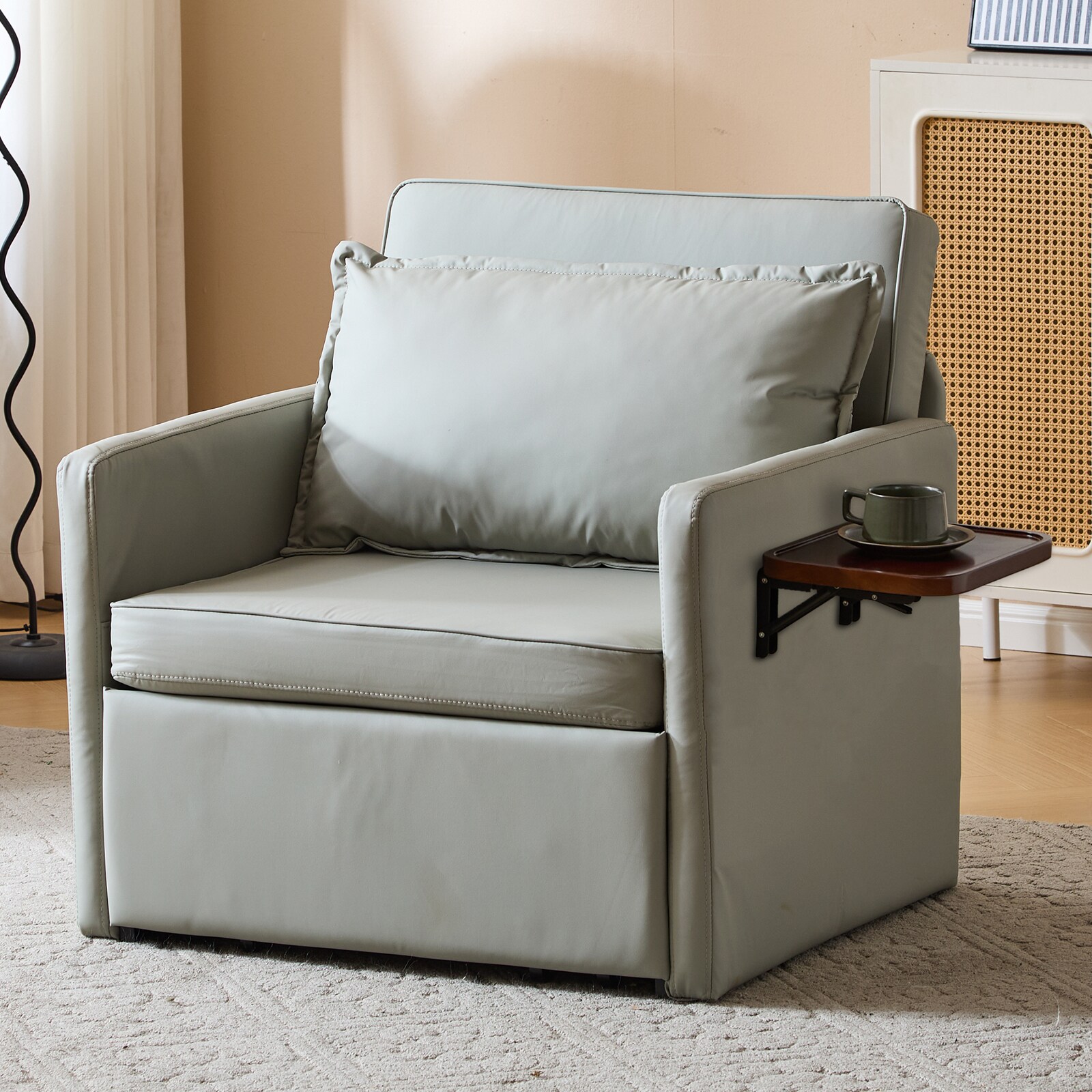 Sleeper Chair Bed, 3-in-1 Convertible Sofa Bed Pull-out Sofa Bed, Convenient Folding Tray Table With USB And Type-C Charging Ports,Grey,Leather_voghion.com